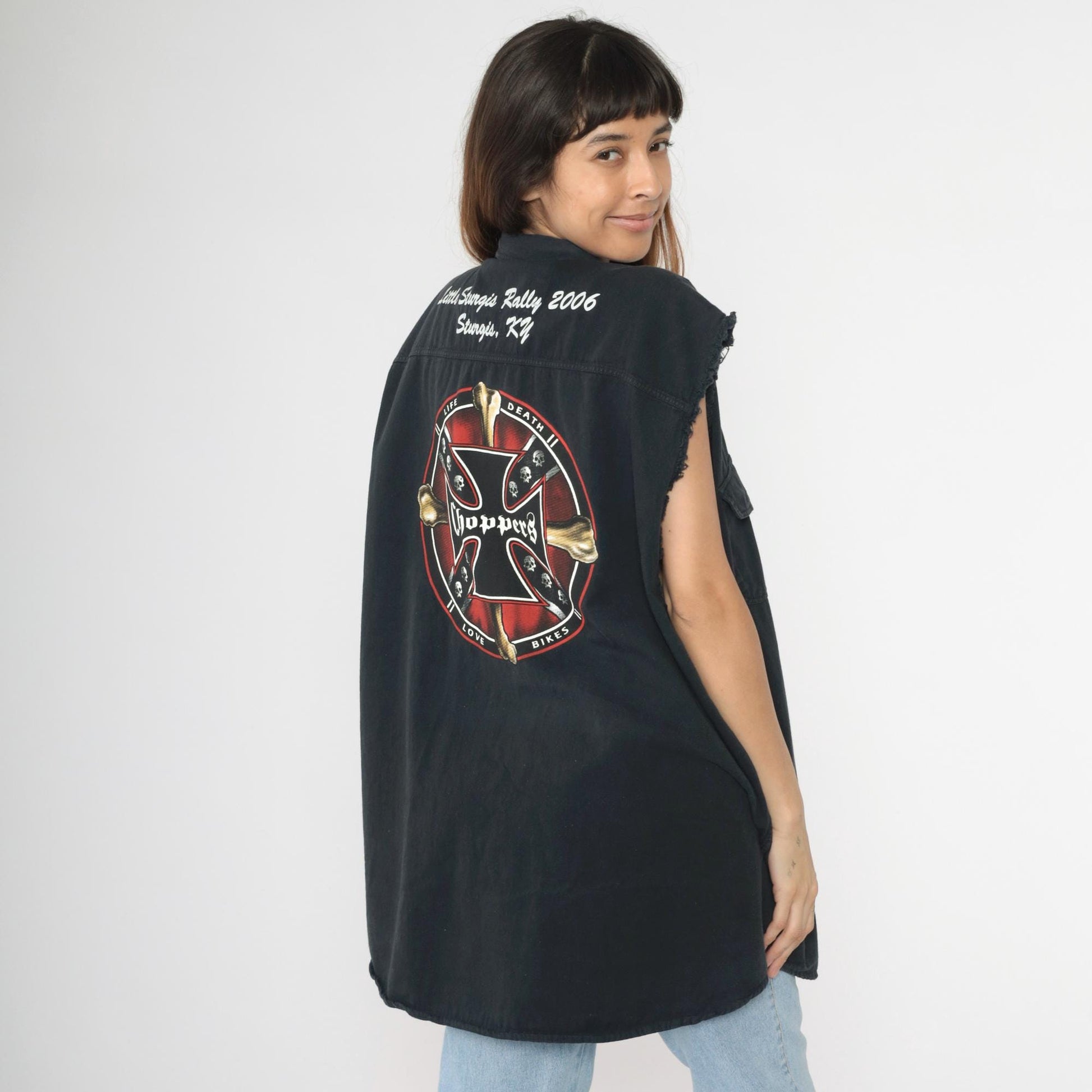 00s Little Sturgis Kentucky Biker Skull Button-Up Sleeveless Black Shirt XL