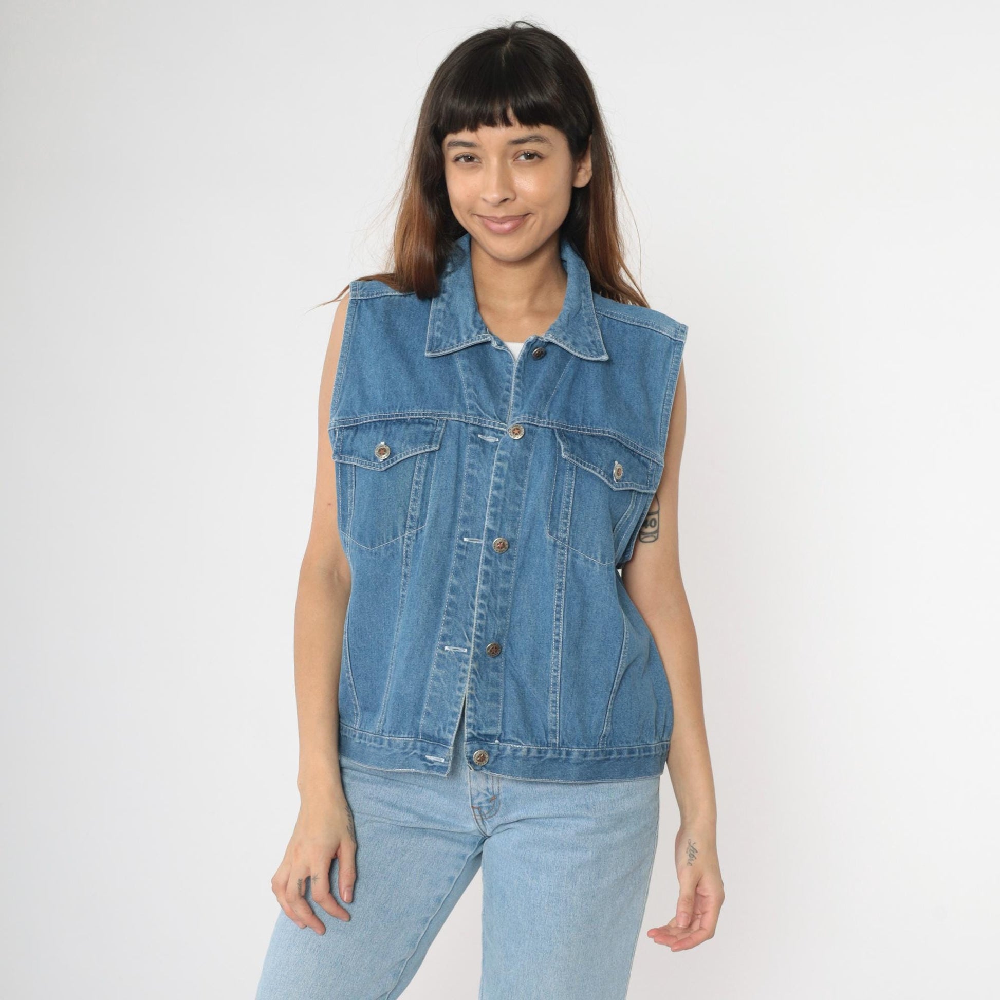 Y2K Faded Glory Denim Vest Blue Button-Up Sleeveless Large L