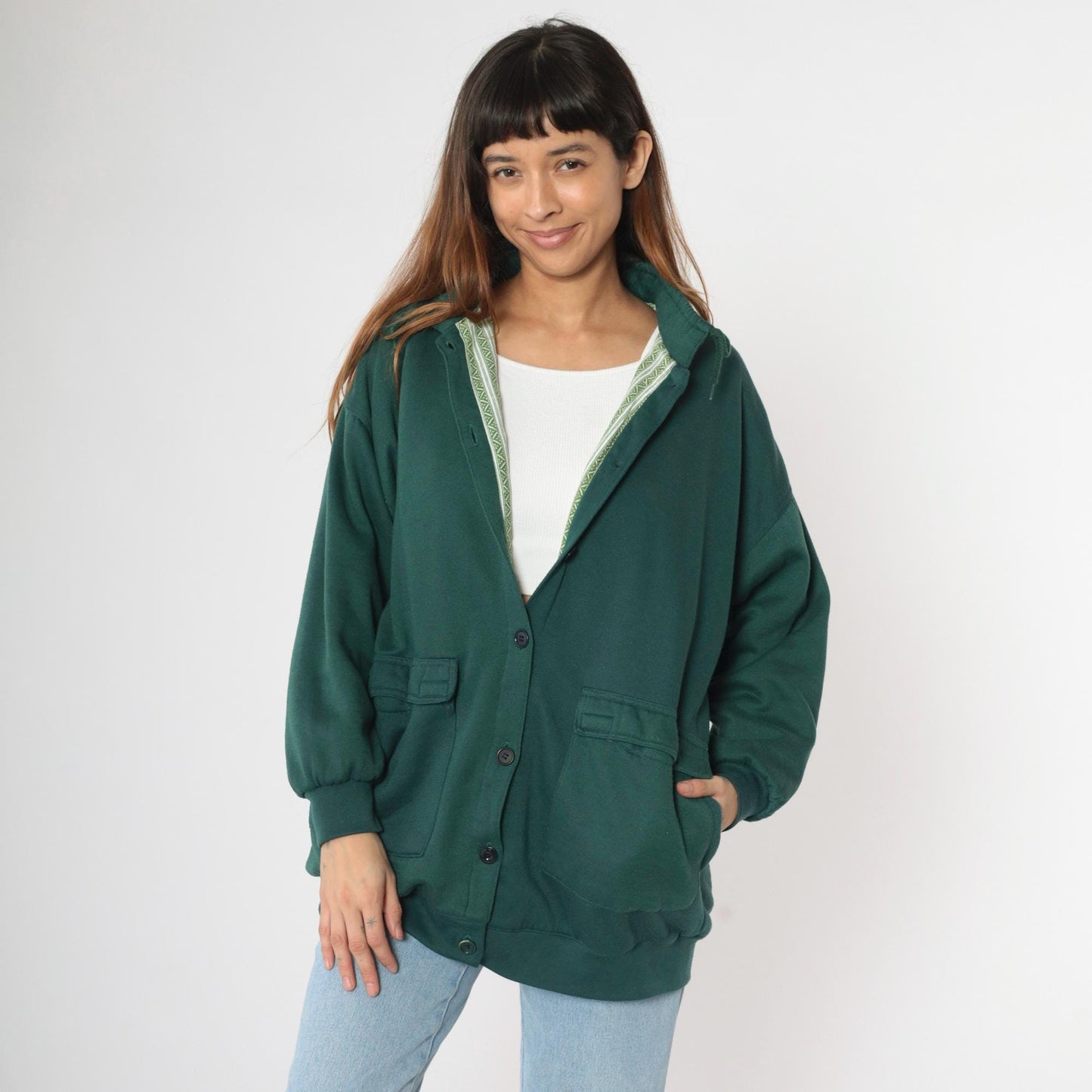 90s Gottschalks Green Cargo Pocket Sweatshirt Jacket Button Front Large L