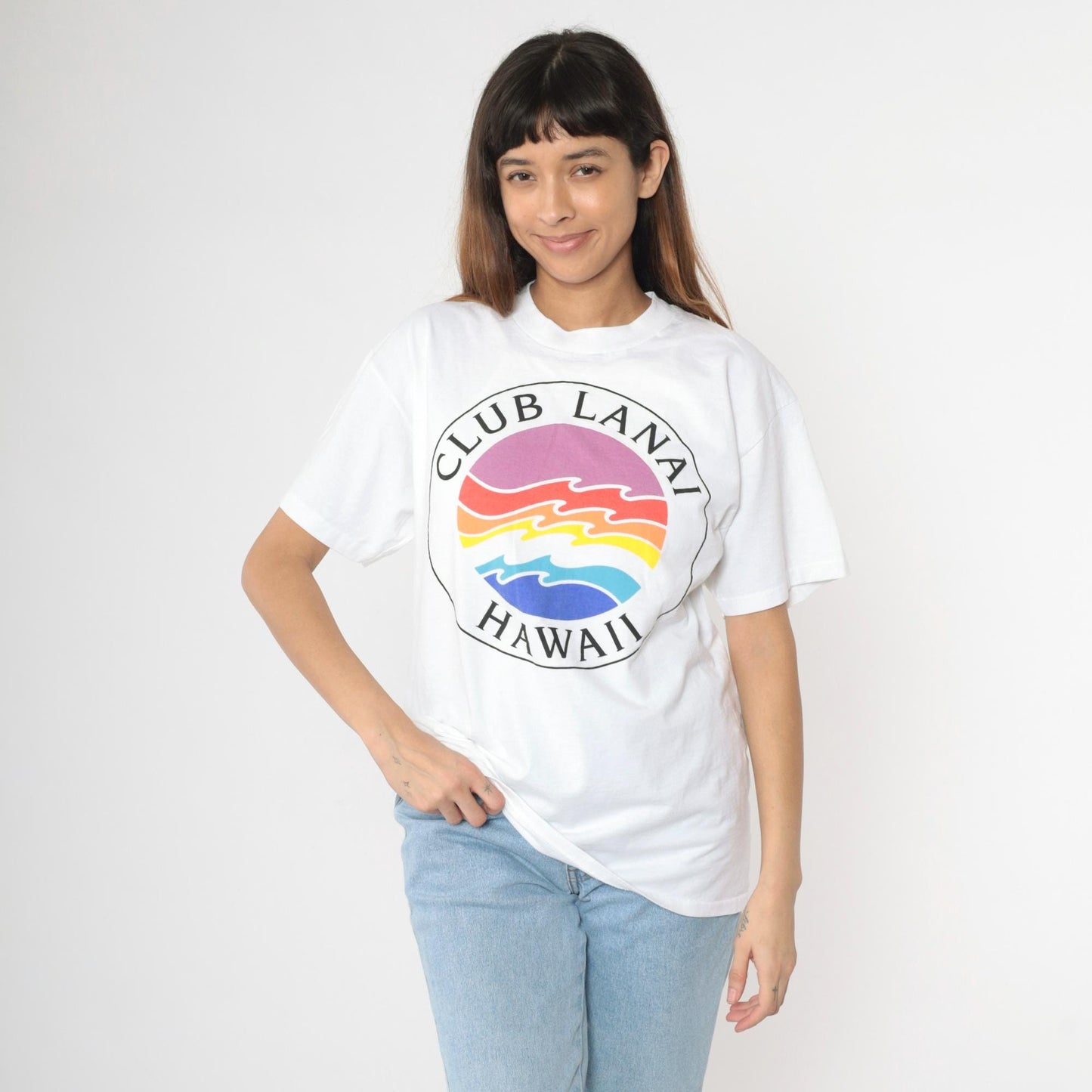90s Club Lanai Hawaii Rainbow Wave Graphic T-Shirt White Large