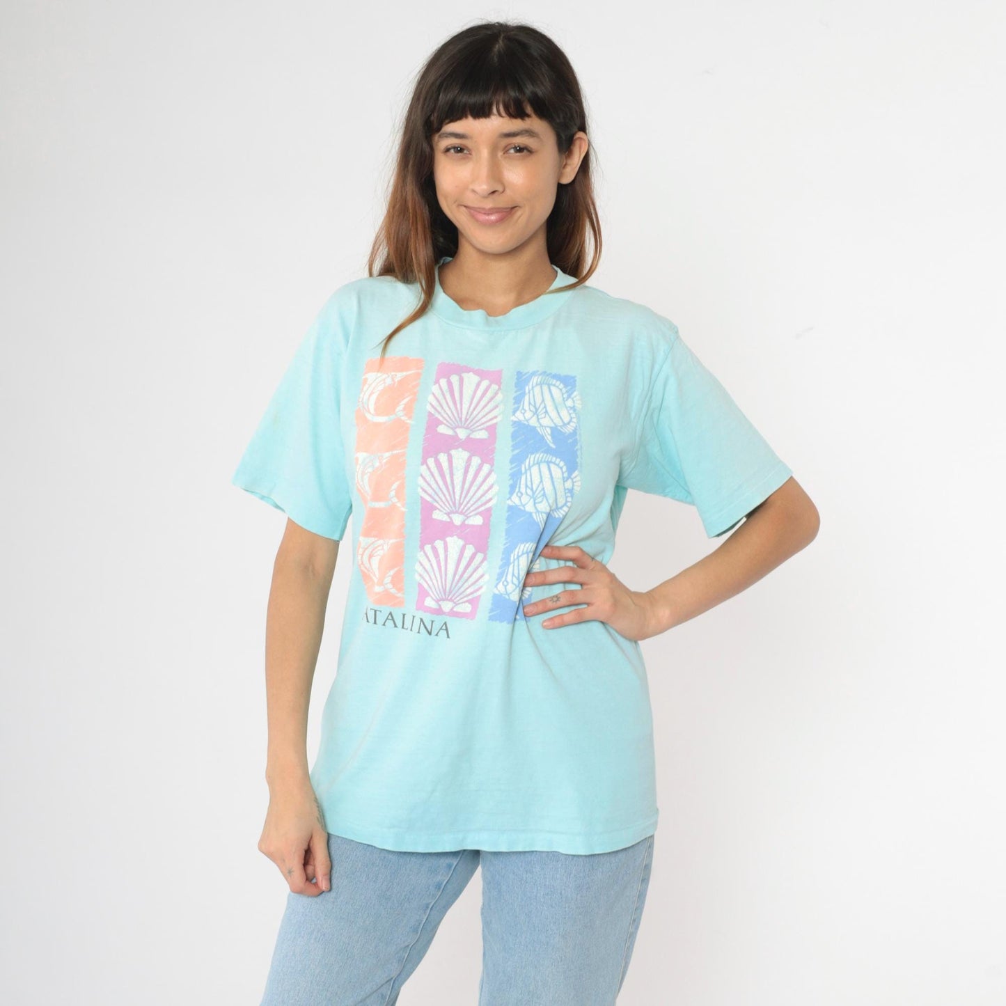 90s Catalina Island Swordfish Seashell Graphic T-Shirt Cotton Tee Medium