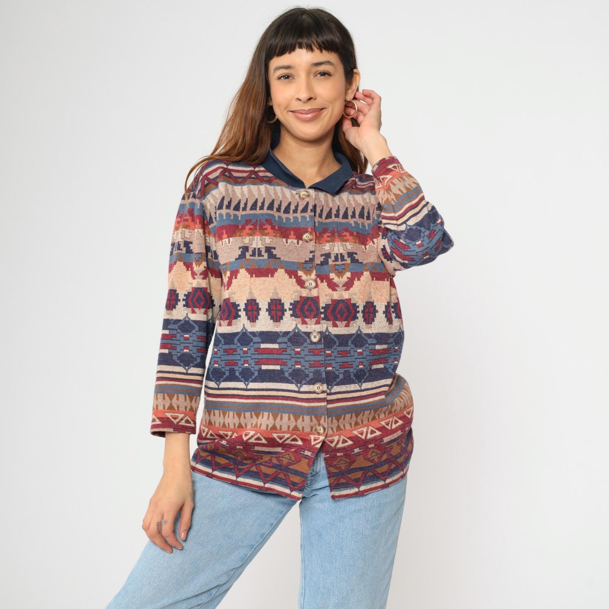 90s Southwestern Tapestry Button Up Blouse Navy Blue Red Long Sleeve Extra Small