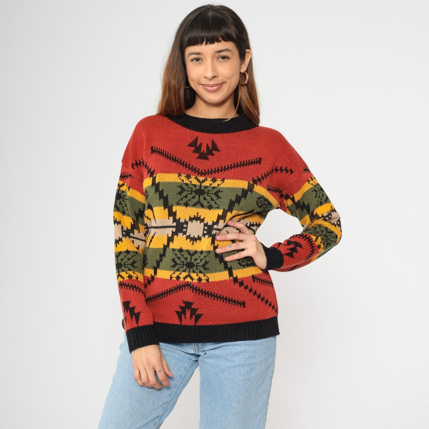 80s Southwestern Geometric Knit Sweater Red Black Ringer Crewneck Medium