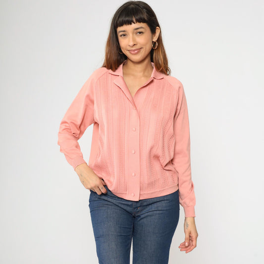 70s Pink Textured Cardigan Sweater Raglan Collar Button-Up Medium