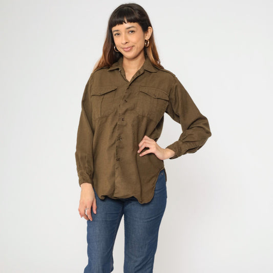80s Olive Brown Wool Military Shirt Button Up Epaulettes Utility Pockets Small