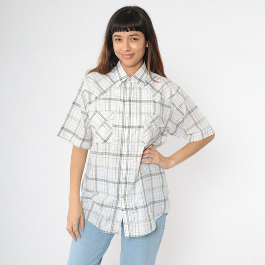 90s Plains Westernwear Pearl Snap Shirt White Plaid Short Sleeve Men's Medium