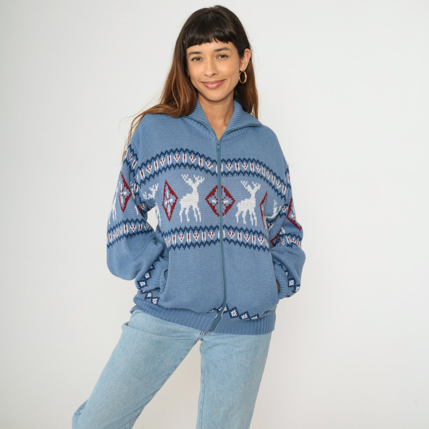 Y2K Fair Isle Reindeer Cardigan Blue Nordic Zip Knit Small S