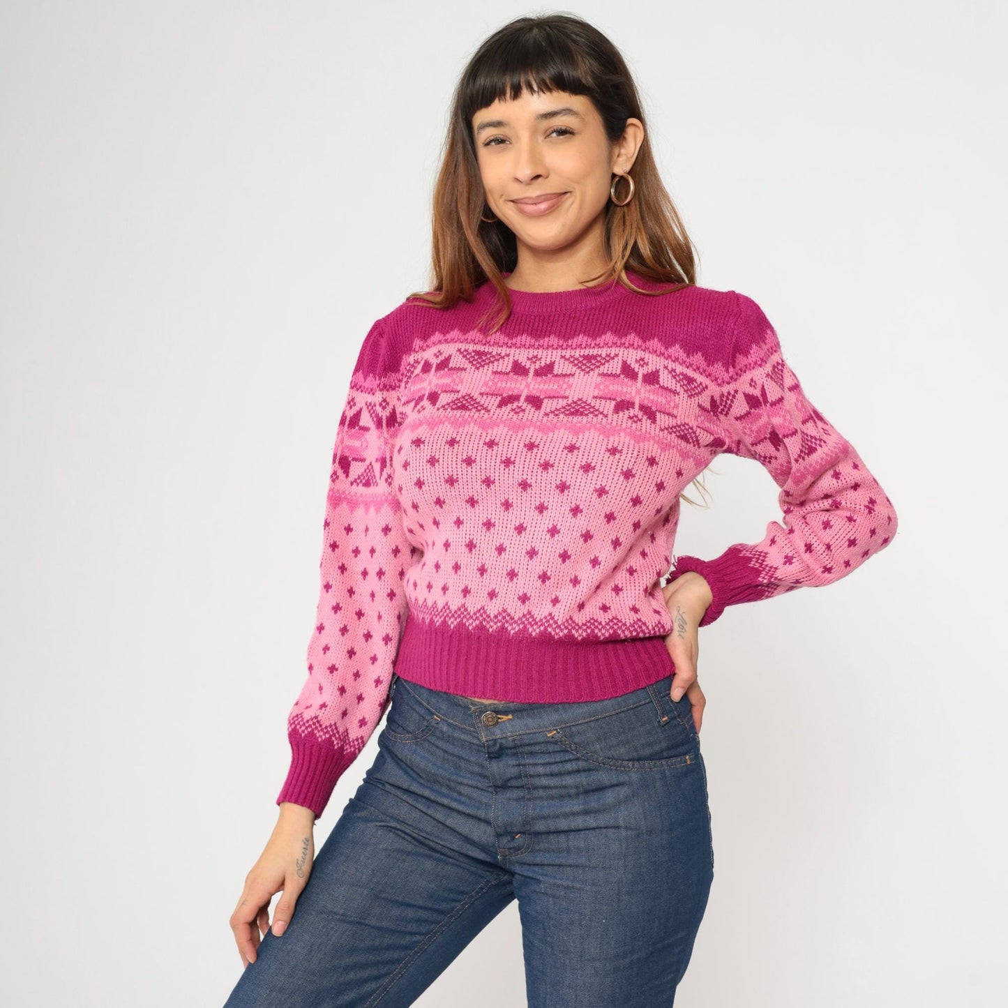 80s Pink Fair Isle Puff Sleeve Sweater Nordic Knit Small