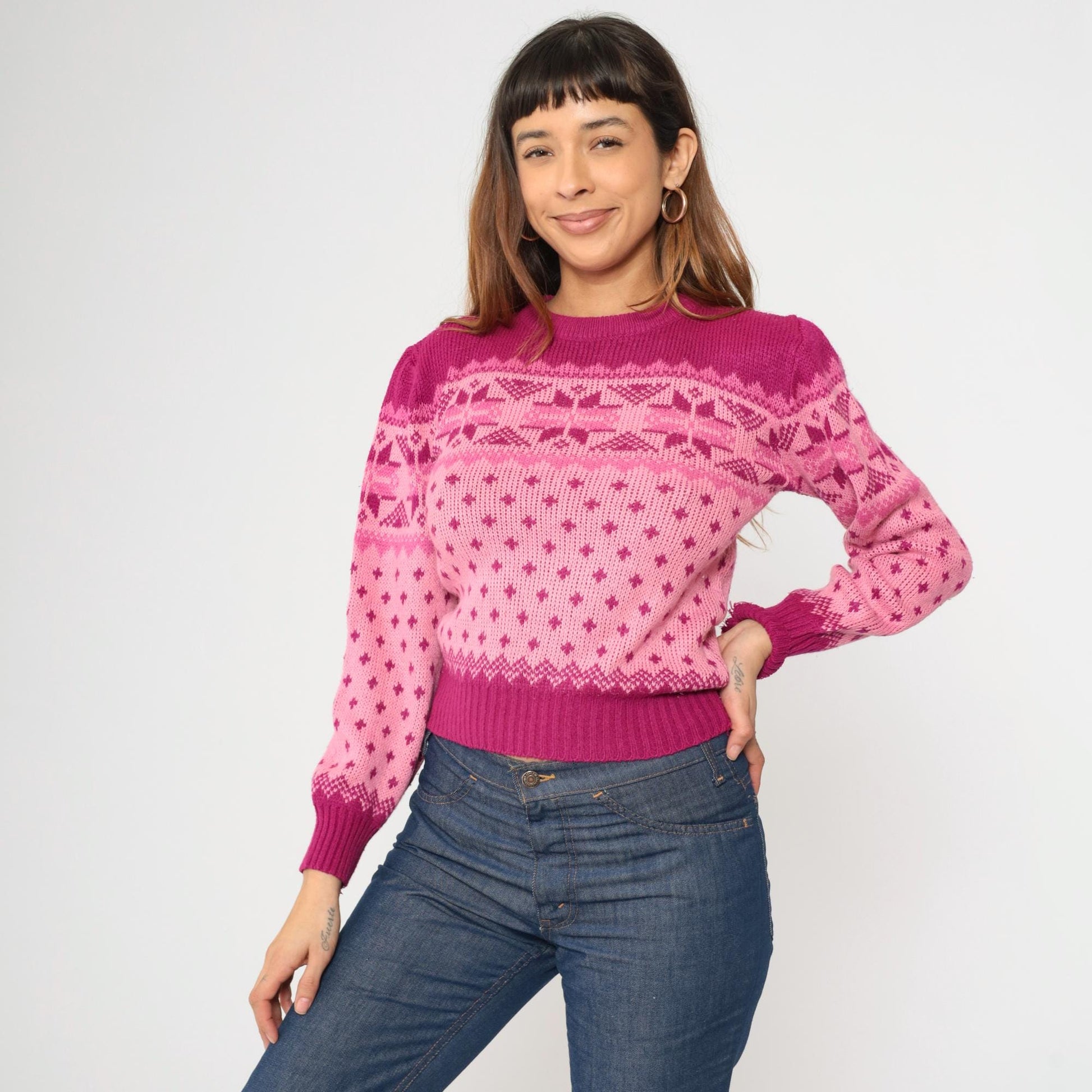 80s Pink Fair Isle Puff Sleeve Sweater Nordic Knit Small