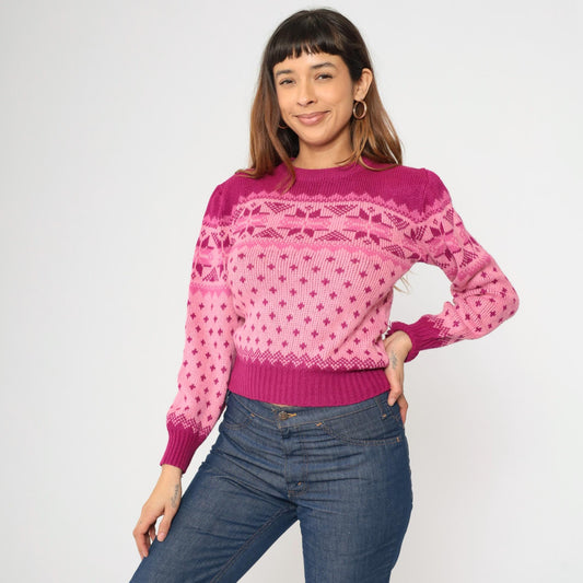 80s Pink Fair Isle Puff Sleeve Sweater Nordic Knit Small