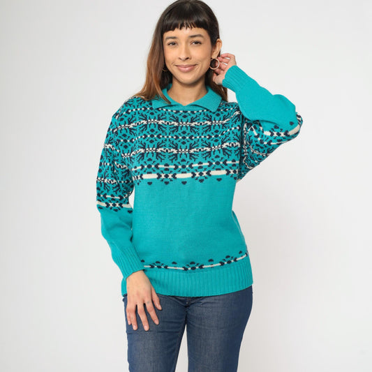80s Demetre Wool Nordic Fair Isle Ski Sweater Turquoise Small