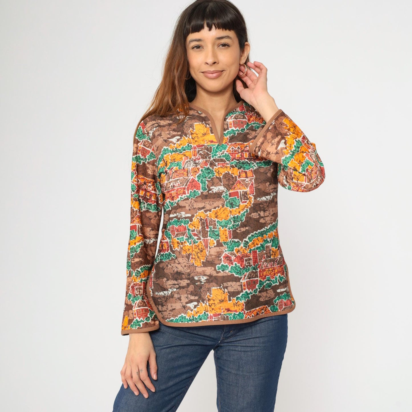 70s Village Print Shirt Brown Slit Neck Long Sleeve Blouse Medium M
