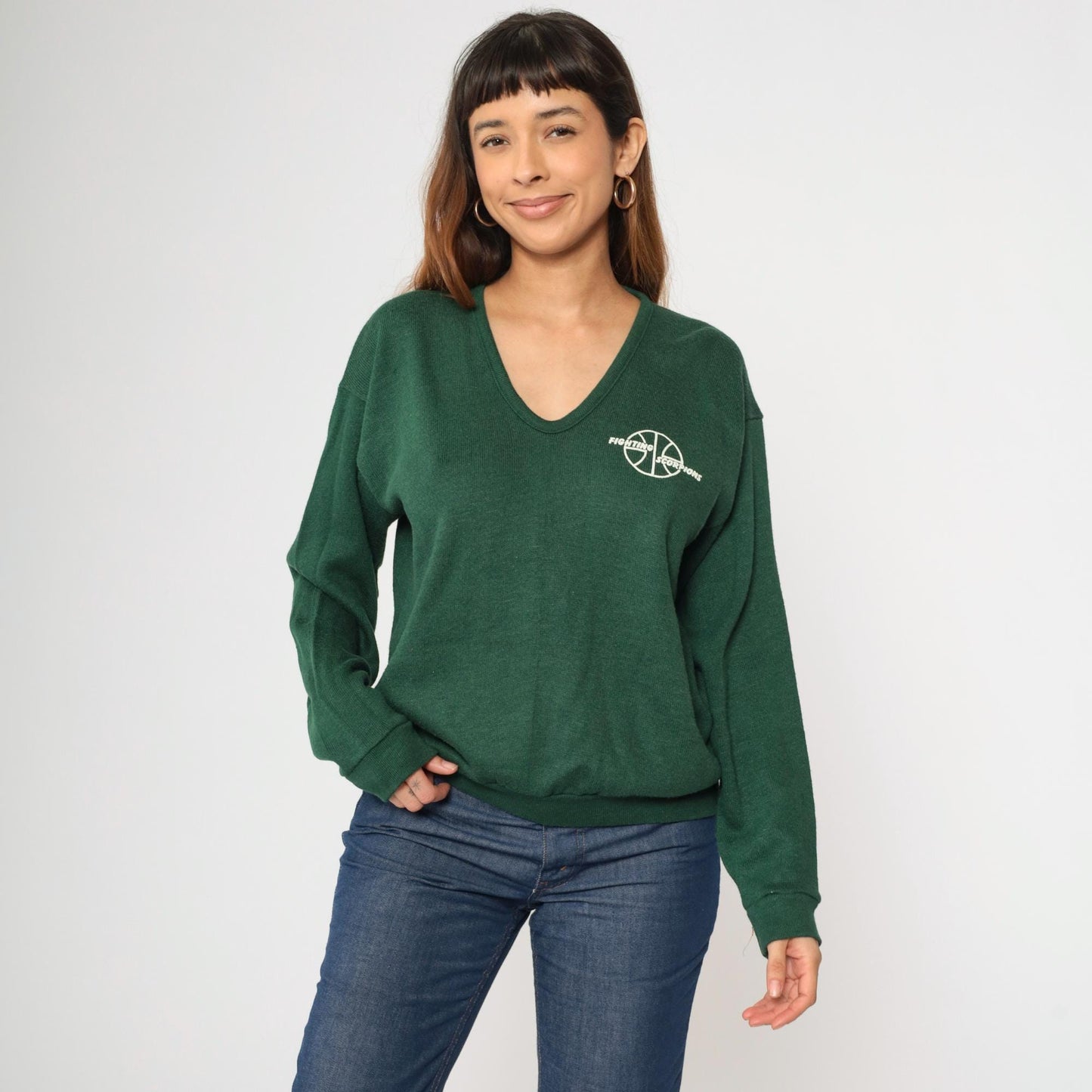 80s Fighting Scorpions Basketball V-Neck Sweater Forest Green Large