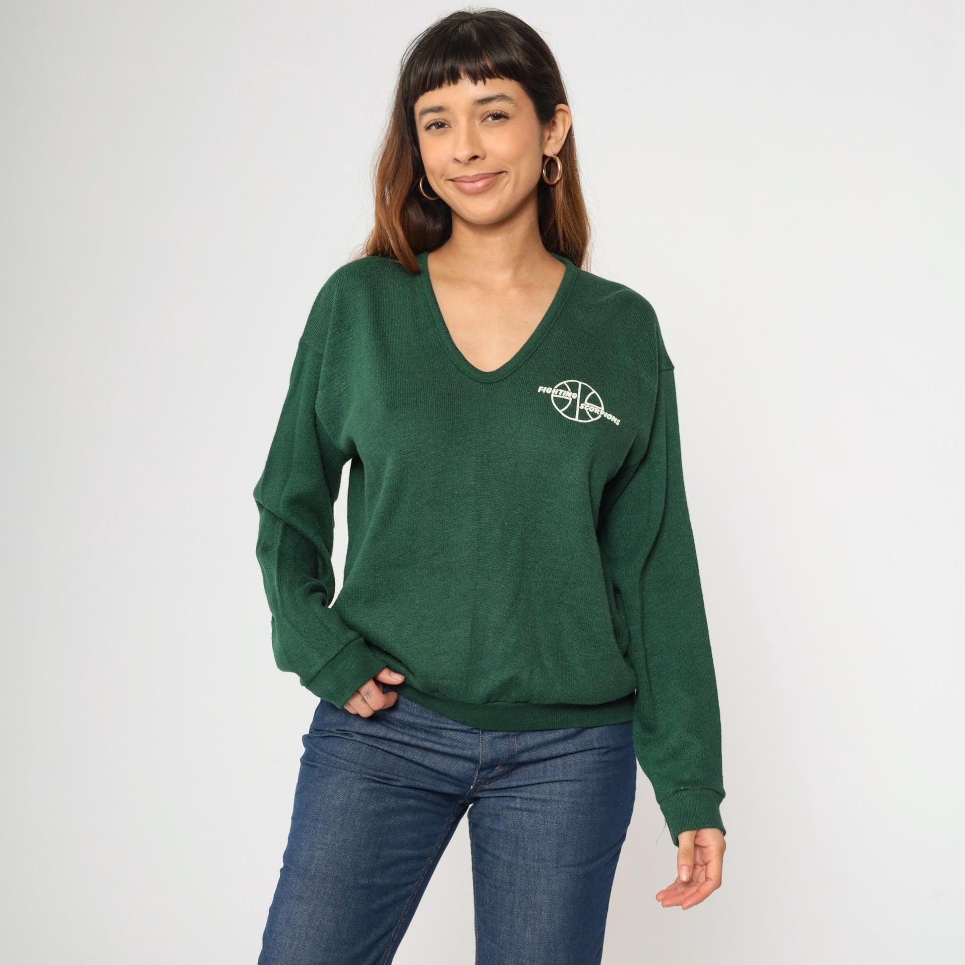 80s Fighting Scorpions Basketball V-Neck Sweater Forest Green Large