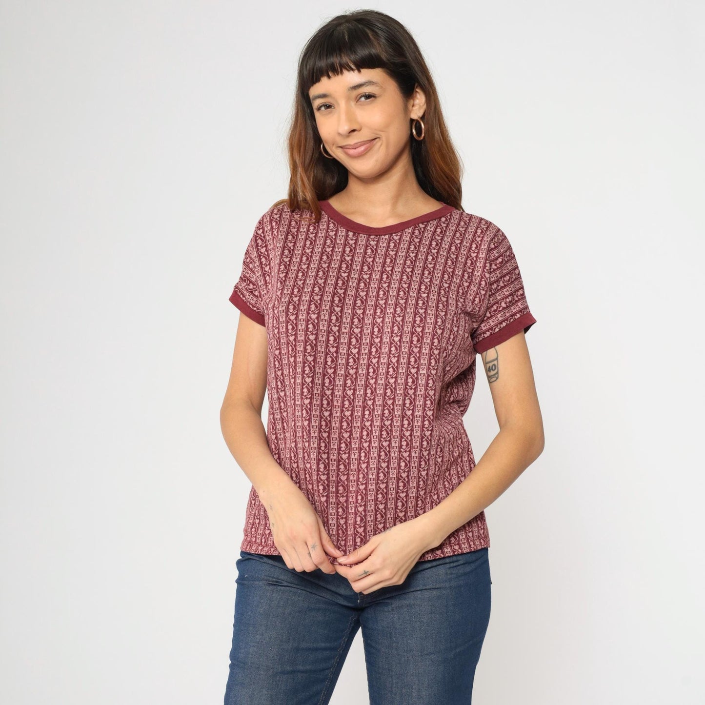 80s Scandinavian Folk Stripe Knit Tee Maroon Pink Heart Ringer Large L