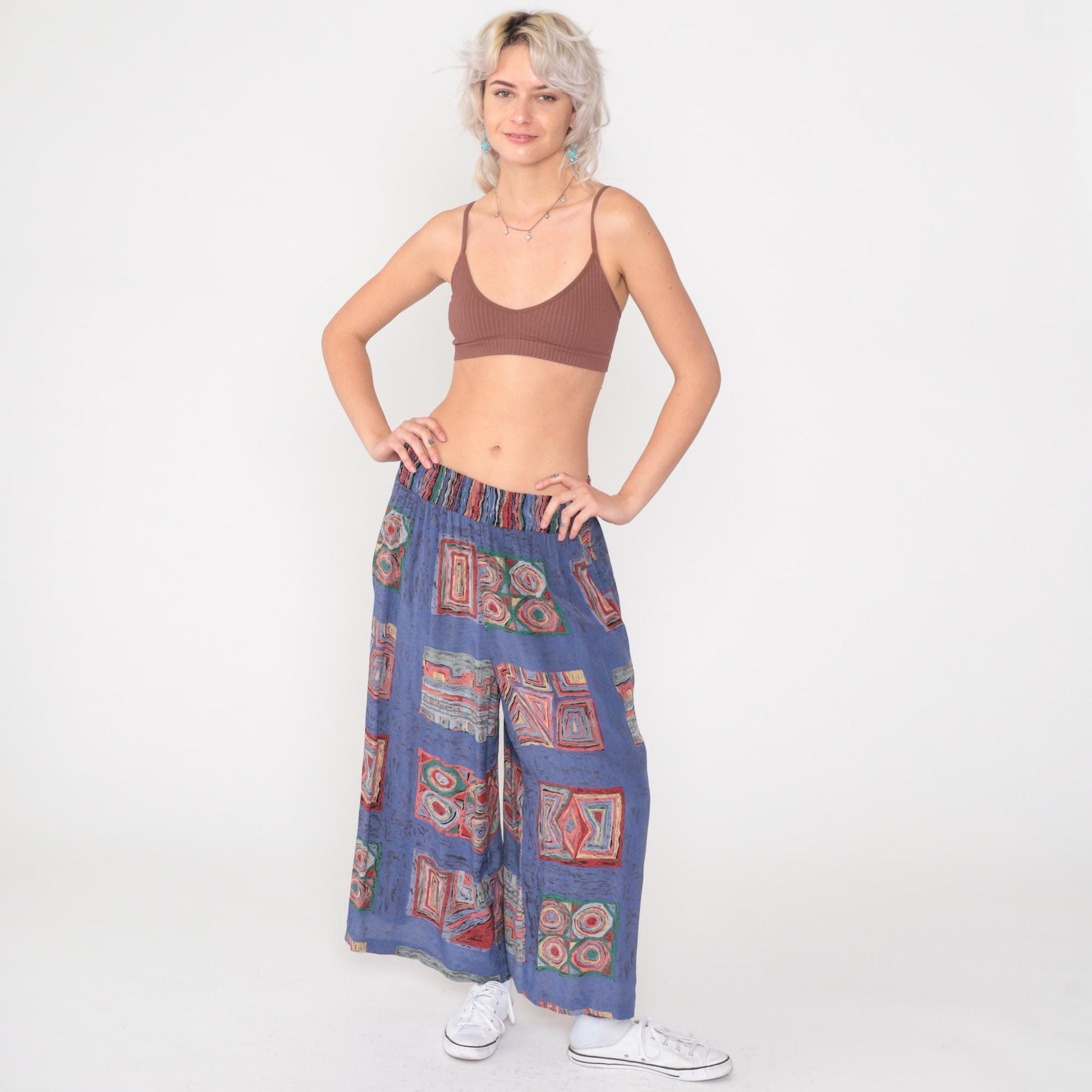 90s Christina James Wide Leg Pants Blue Geometric Patchwork High Waist Small
