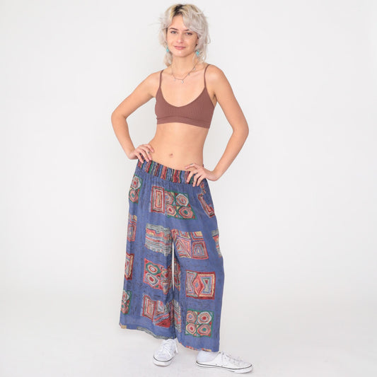 90s Christina James Wide Leg Pants Blue Geometric Patchwork High Waist Small