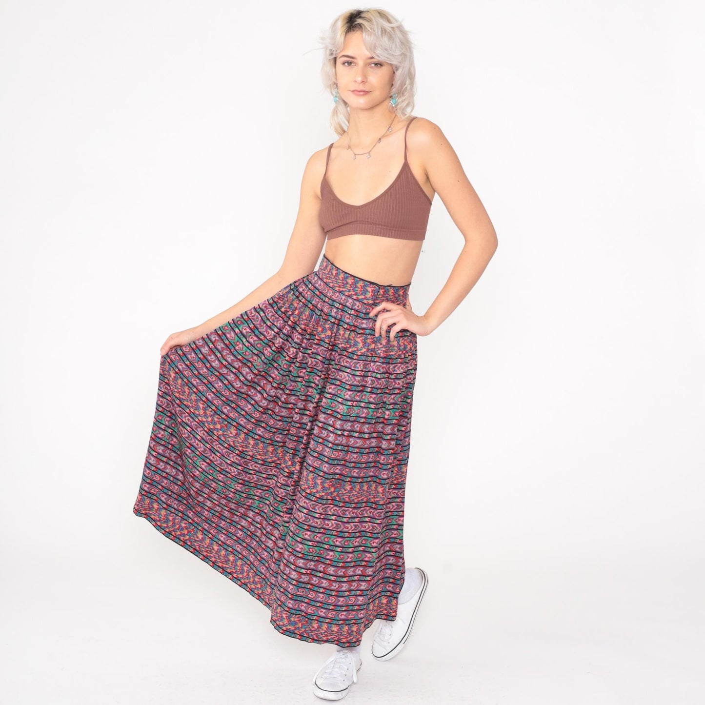 80s Oscar de la Renta Silk Midi Skirt Geometric Print Multicolor High Waist Extra Small