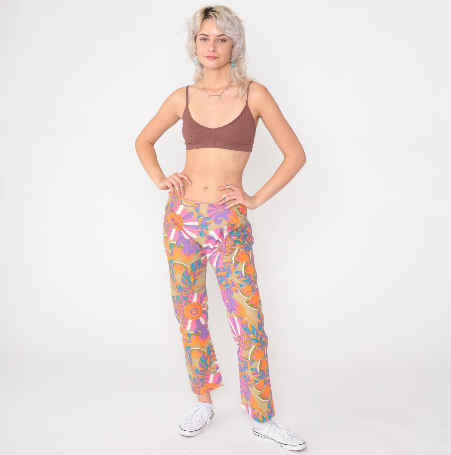 60s Psychedelic Floral Flare Pants Mid Rise Side Zip Medium