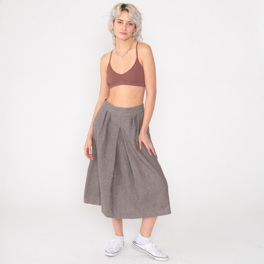 80s Clichy Wool Blend Checkered Midi Skirt Grey High Waisted Pleated Small