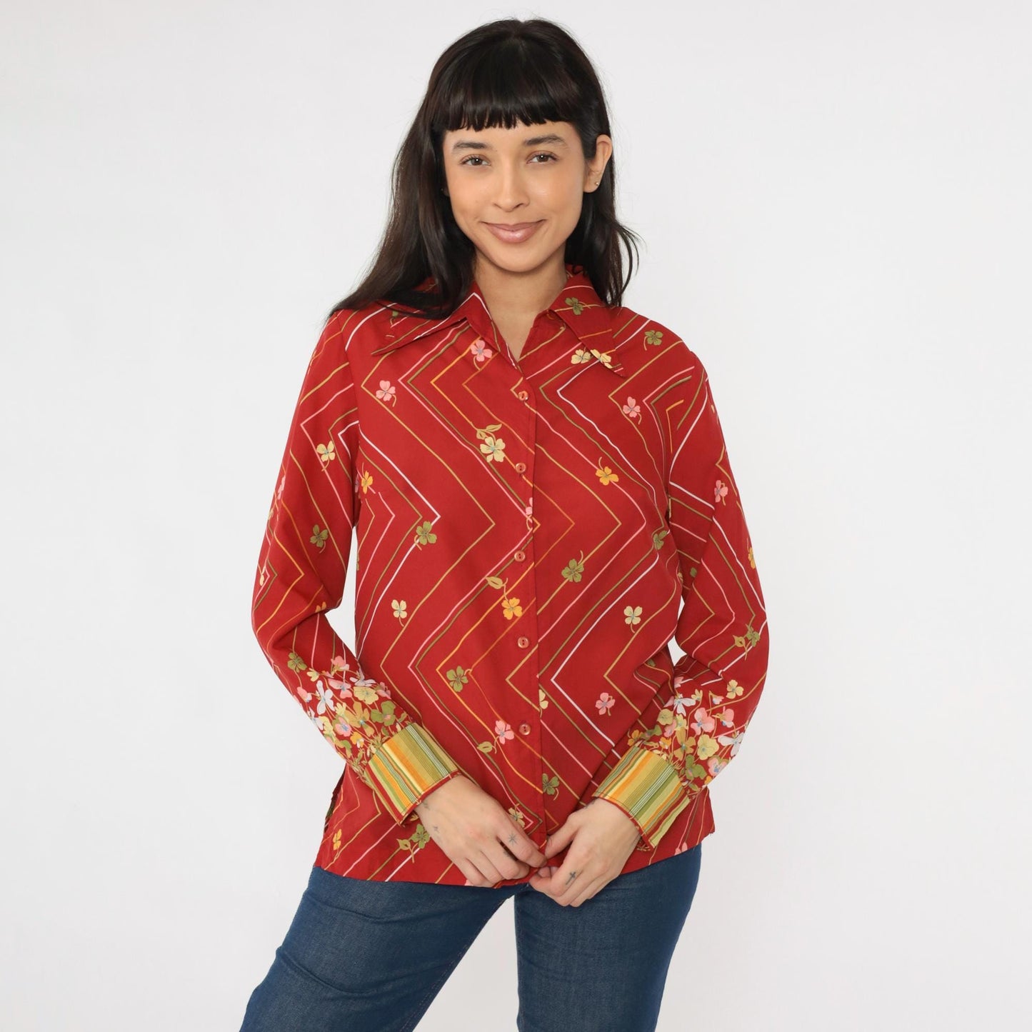 70s Striped Floral Button Up Blouse Red Zig Zag Long Sleeve Medium