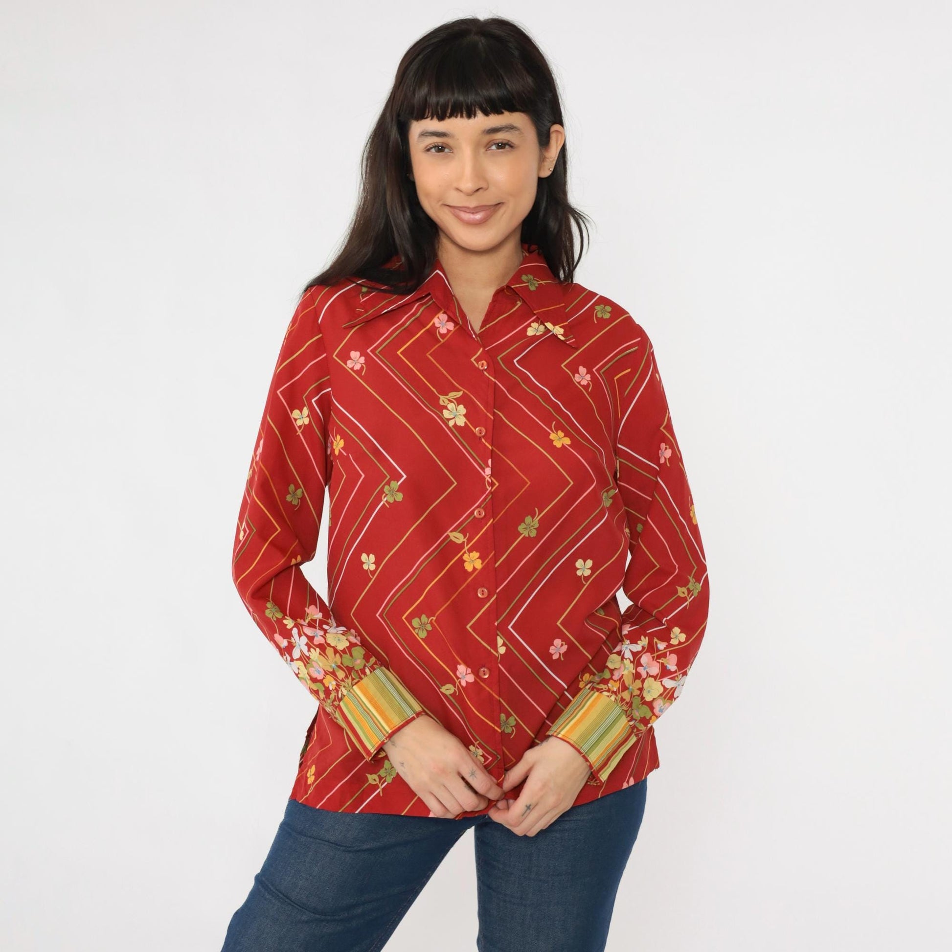 70s Striped Floral Button Up Blouse Red Zig Zag Long Sleeve Medium