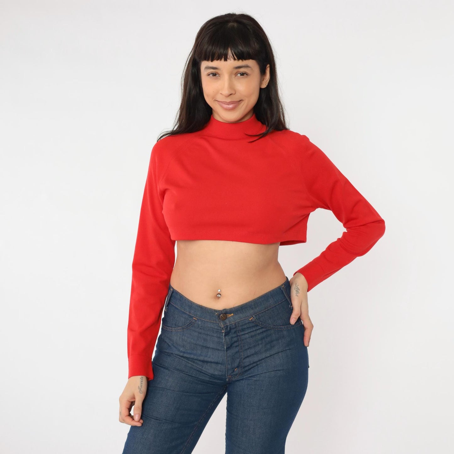 70s Red Crop Top Mock Neck Long Sleeve Nylon Knit Medium