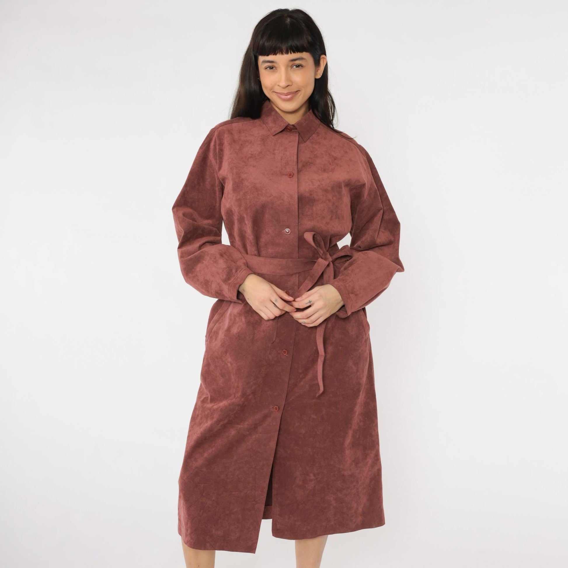 70s Halston Ultrasuede Trench Jacket Burnt Rose Belted Midi Large