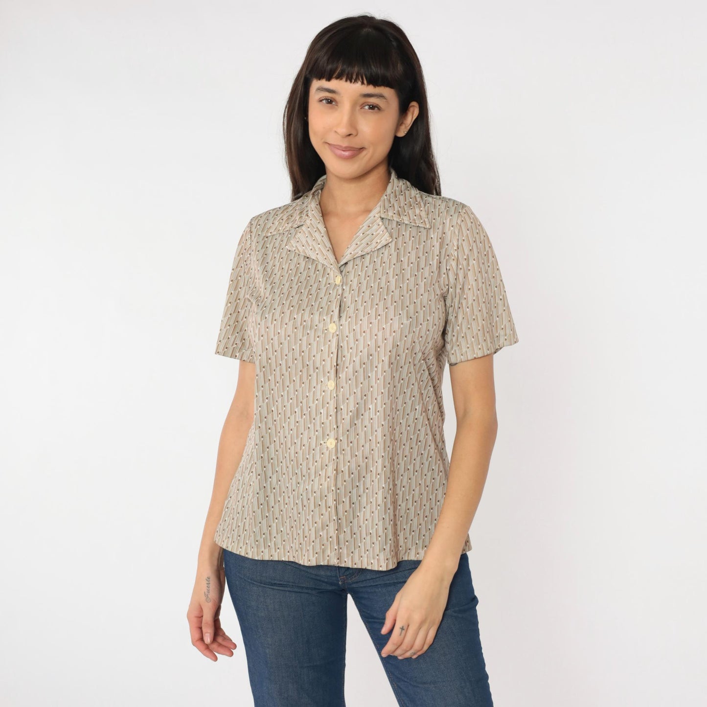 70s Op Art Geometric Blouse White Brown Disco Shirt Short Sleeve Medium