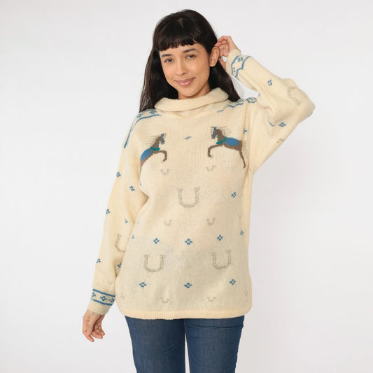 80s Kristin for Millers Wool Horse Sweater Cream Mock Neck Equestrian Medium