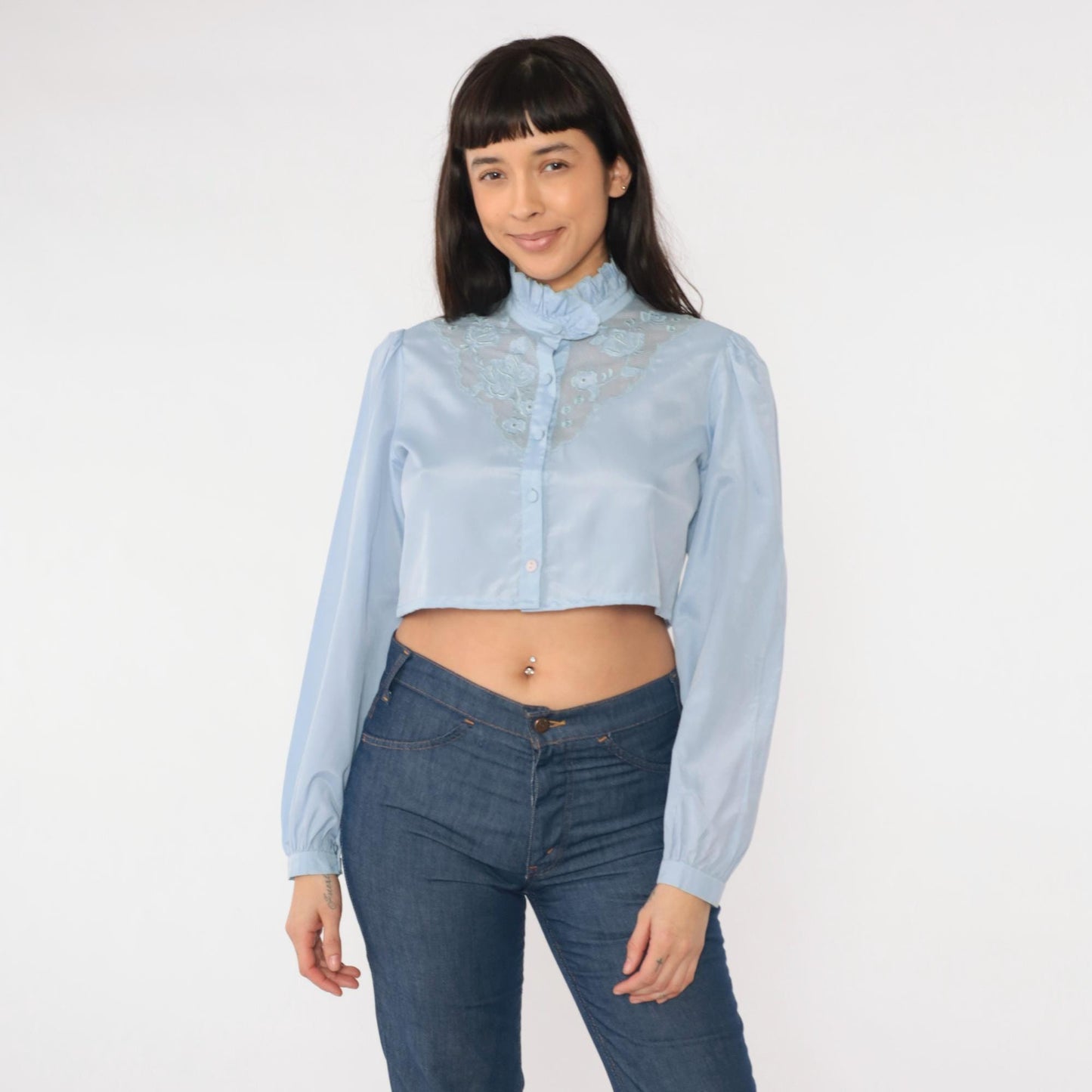 80s Light Blue Victorian Crop Top Puff Sleeve Button Up Blouse Small Medium