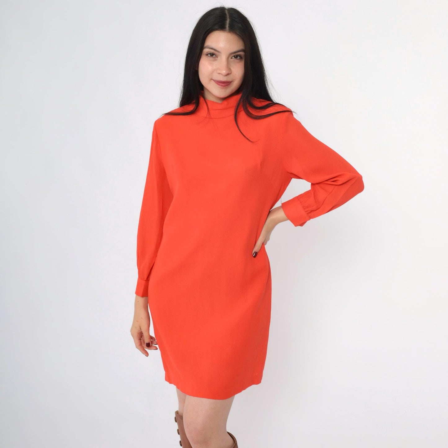 60s Orange Shift Dress Mock Neck Long Sleeve Mini Mod Space Age Small