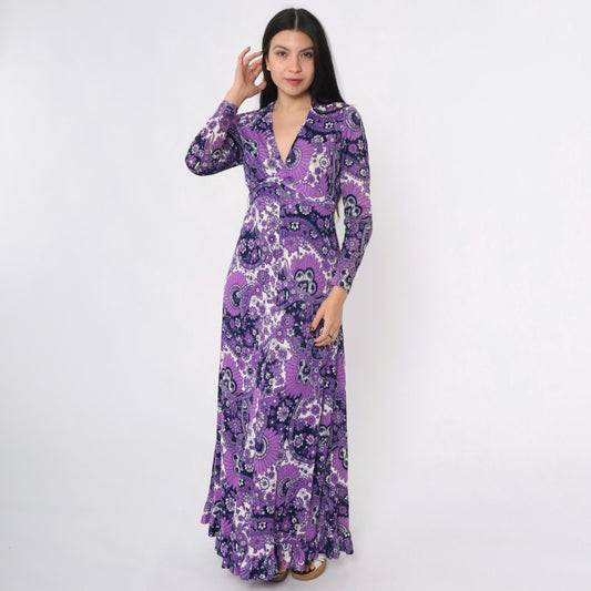 70s Purple Paisley Floral Maxi Dress Empire Waist V Neck Long Sleeve Medium