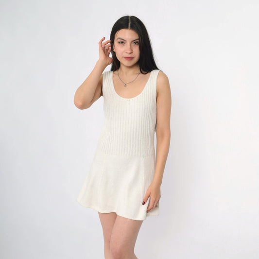 60s Tennisknit Hampton Court Off-White Knit Mini Dress Scoop Neck Drop Waist XS