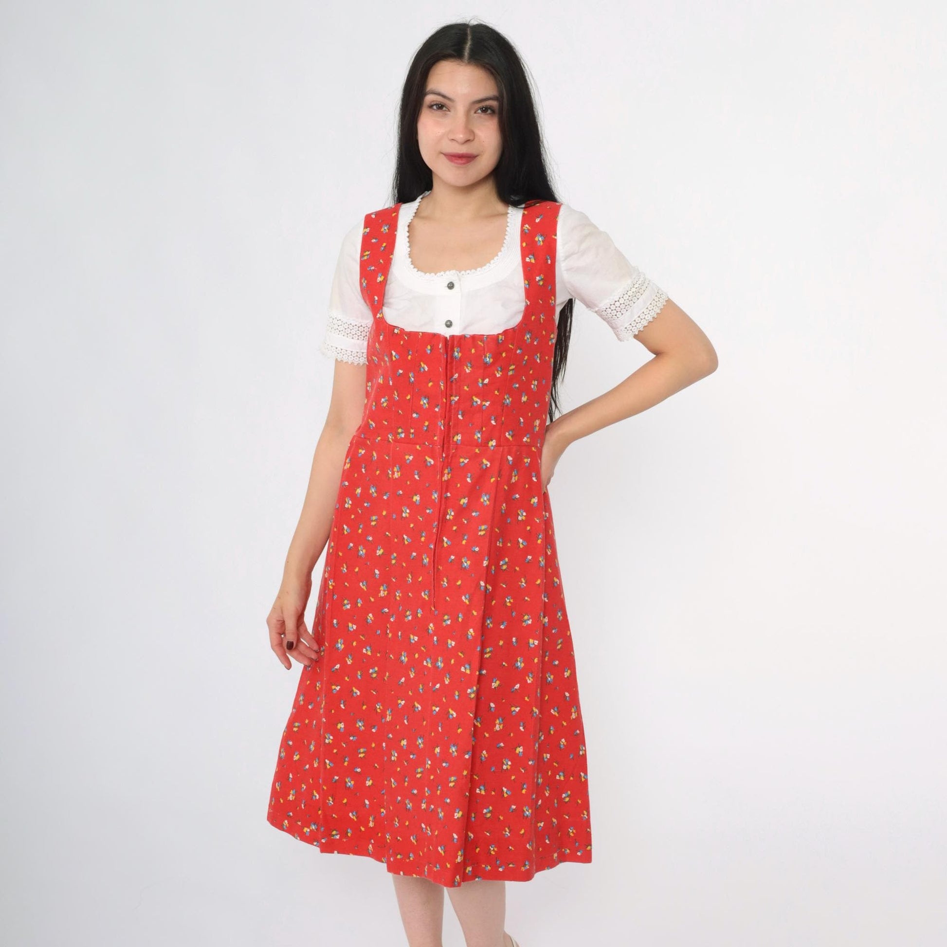 70s Red Calico Floral Dirndl Midi Dress Sleeveless High Waist Zip Medium
