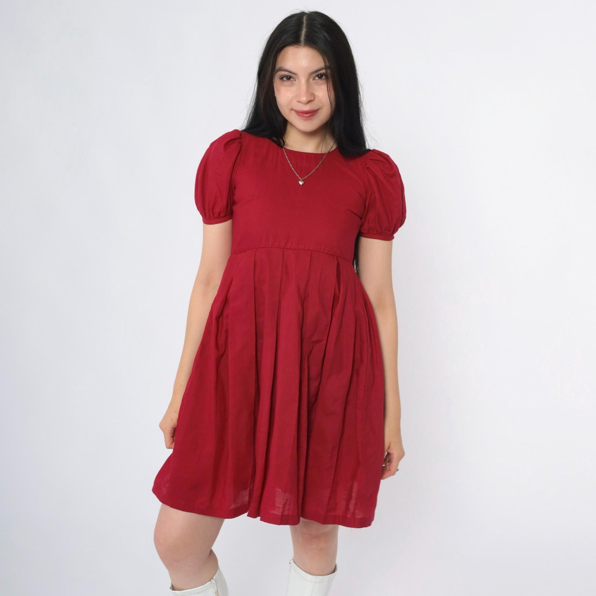 80s Burgundy Puff Sleeve Mini Dress High Waist Pleated Babydoll XXS