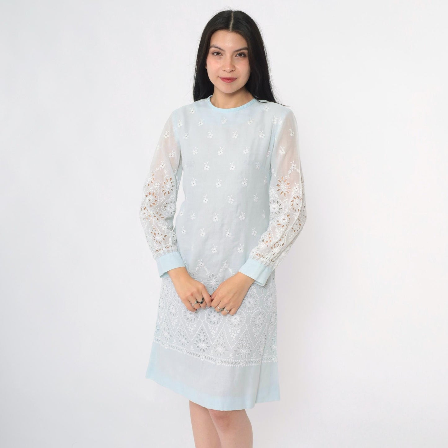 60s Howard Wolf Baby Blue Eyelet Lace Mini Dress Long Sleeve Small S