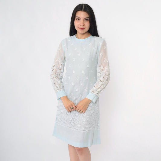 60s Howard Wolf Baby Blue Eyelet Lace Mini Dress Long Sleeve Small S