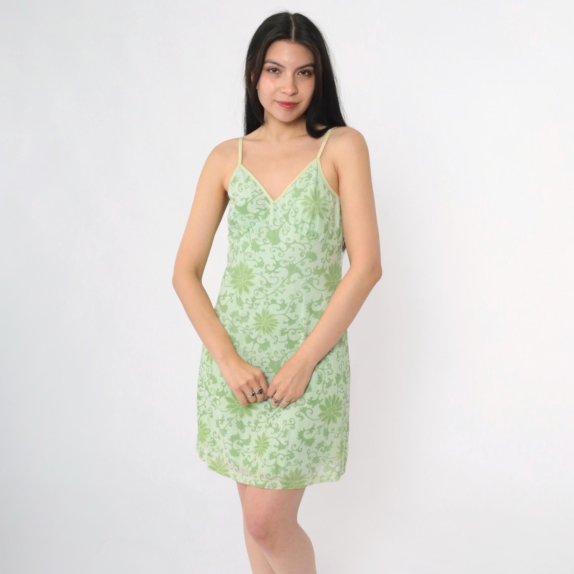 Y2K Green Floral Mesh Mini Dress Spaghetti Strap Empire Waist Small