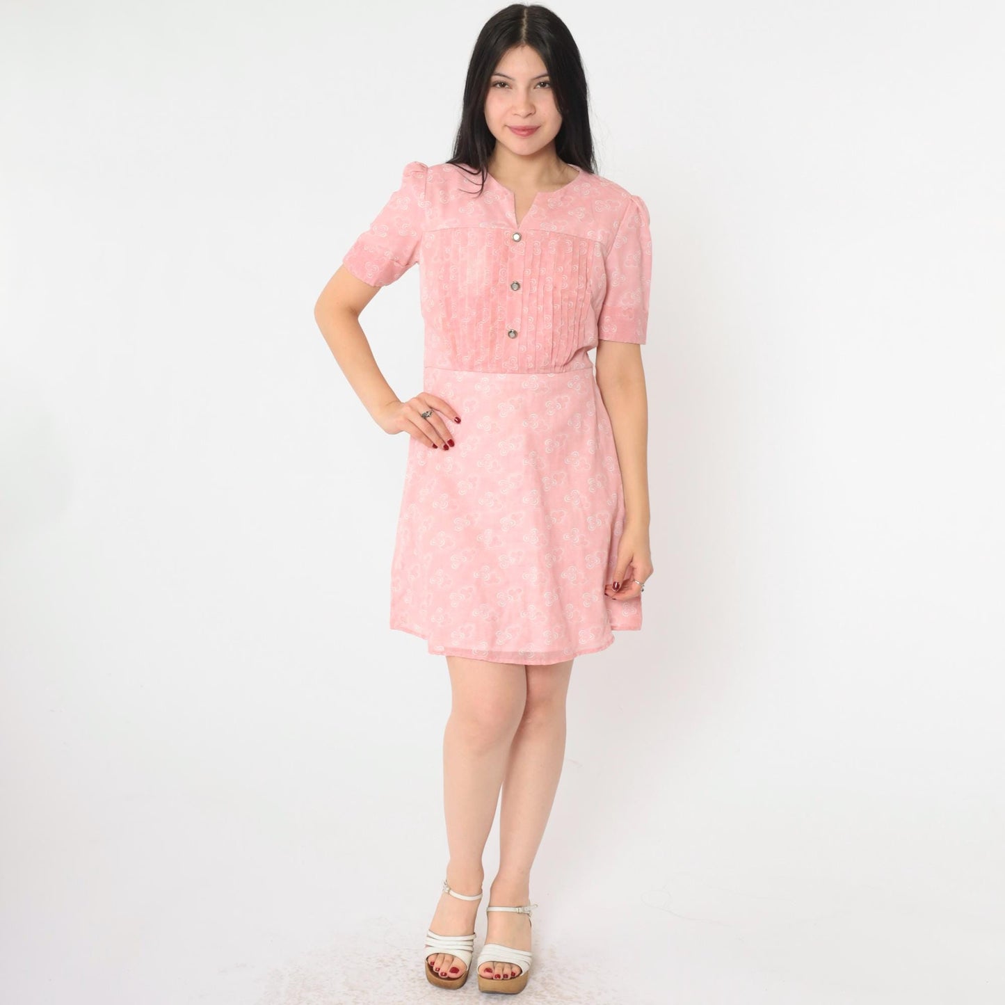 70s Pink Floral Mini Dress Puff Sleeve High Waist Pleated Small