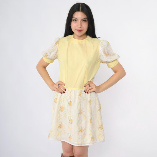 70s Puff Sleeve Floral Mini Dress Yellow White High Waist Small