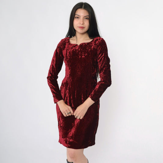 80s Burgundy Velvet Puff Sleeve Dress Sweetheart Neckline Mini Extra Small