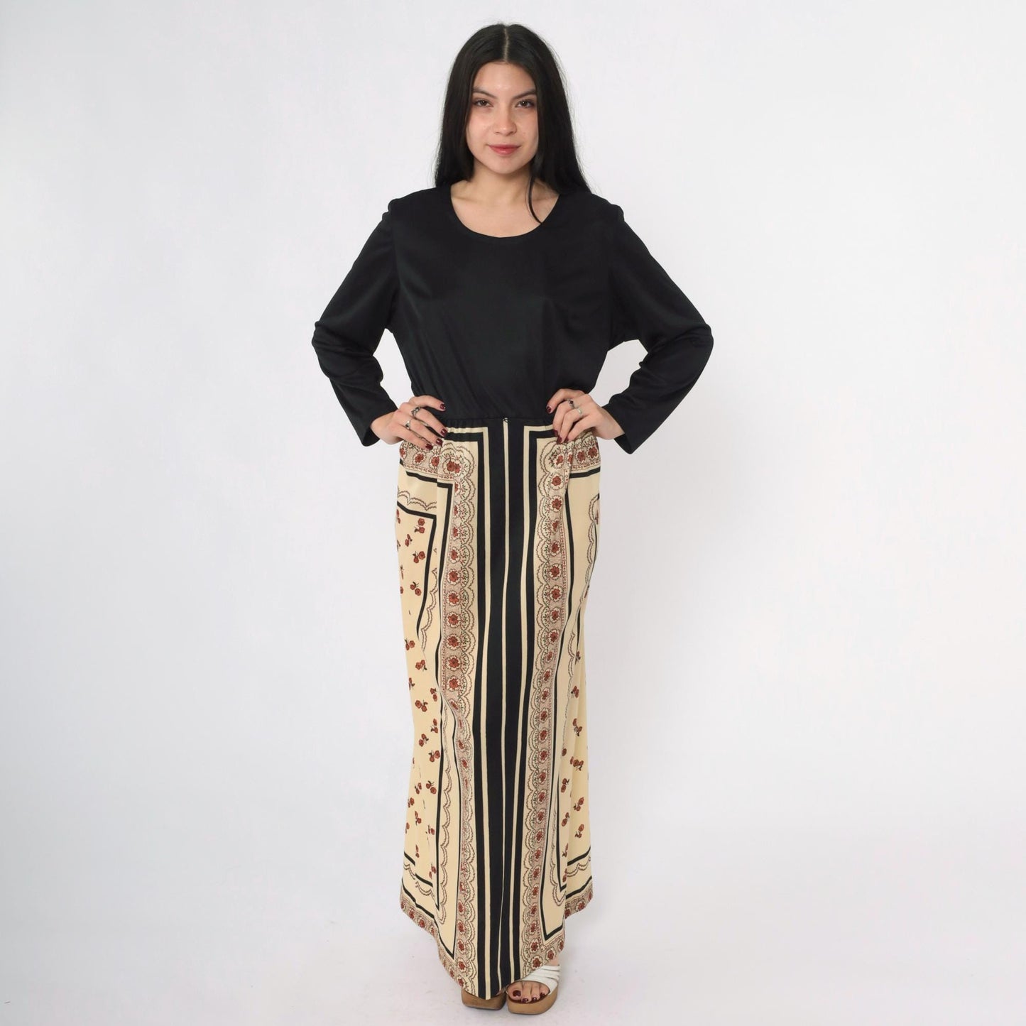 70s Lorac Original Floral Maxi Dress Black Scarf Print High Waist Long Sleeve Extra Large