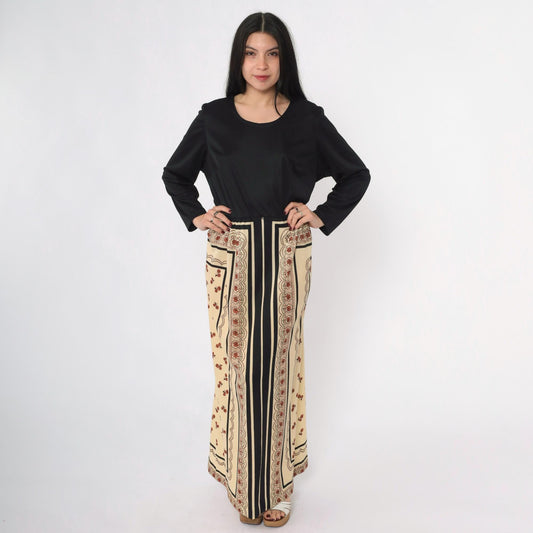 70s Lorac Original Floral Maxi Dress Black Scarf Print High Waist Long Sleeve Extra Large