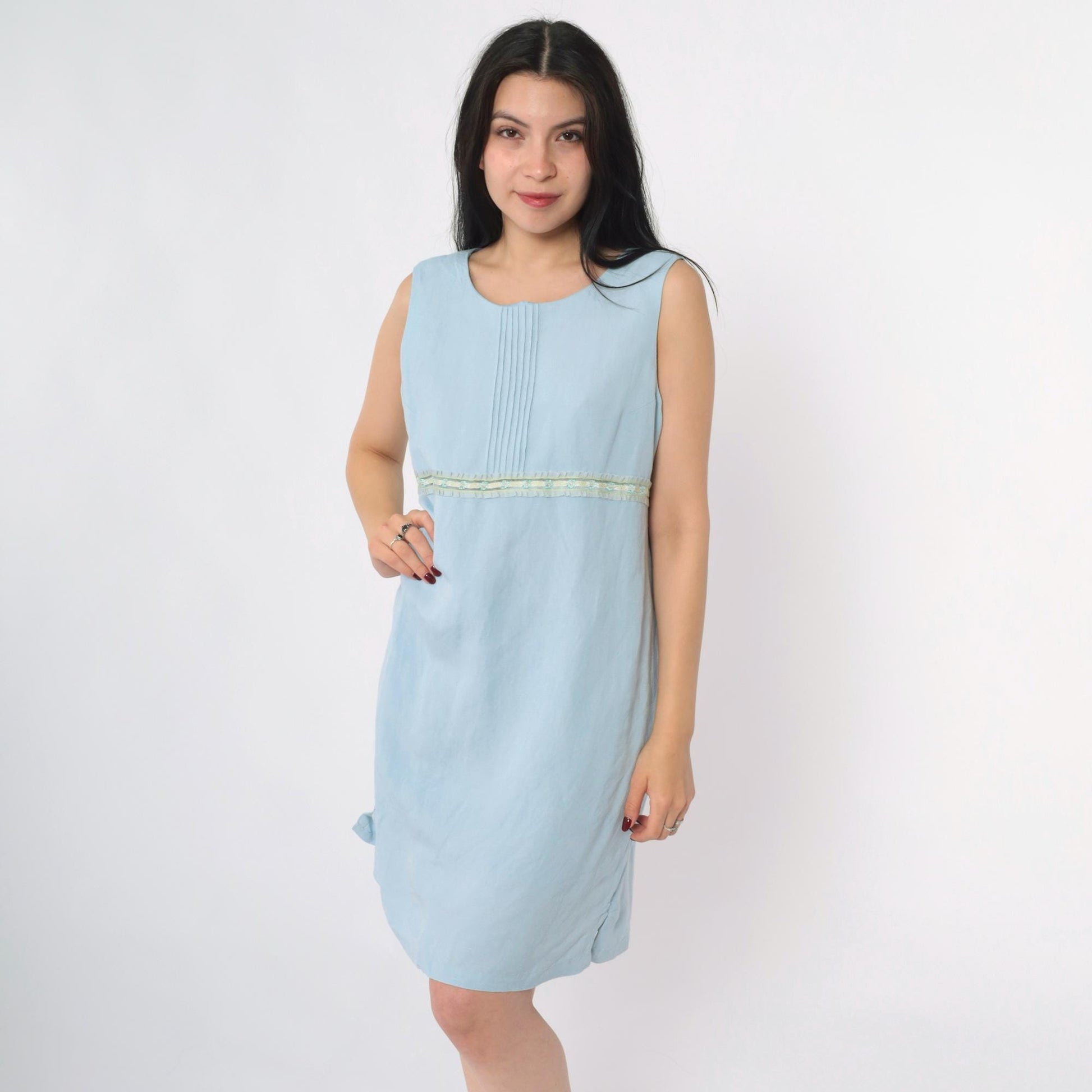 Y2K Coldwater Creek Powder Blue Linen Shift Dress Pintuck Ribbon Trim Petite 12