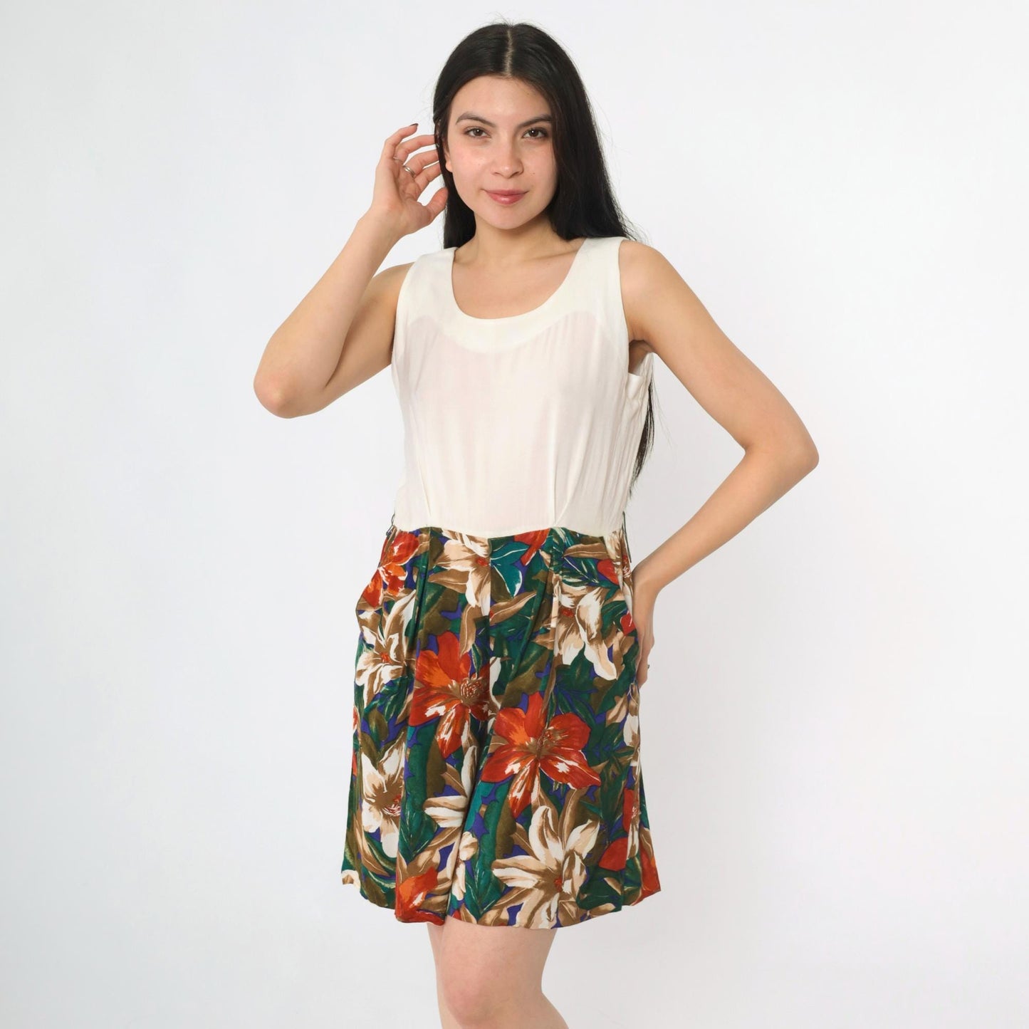 90s Tropical Floral White Romper Pleated Wide Leg Sleeveless Medium