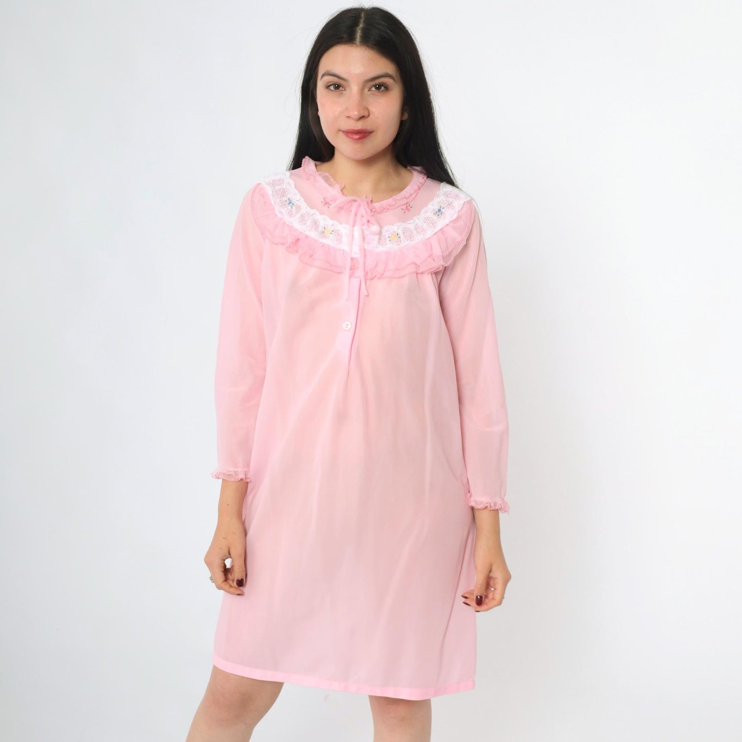 70s Pink Nylon Nightgown Ruffled Lace Collar Floral Embroidery Long Sleeve Small