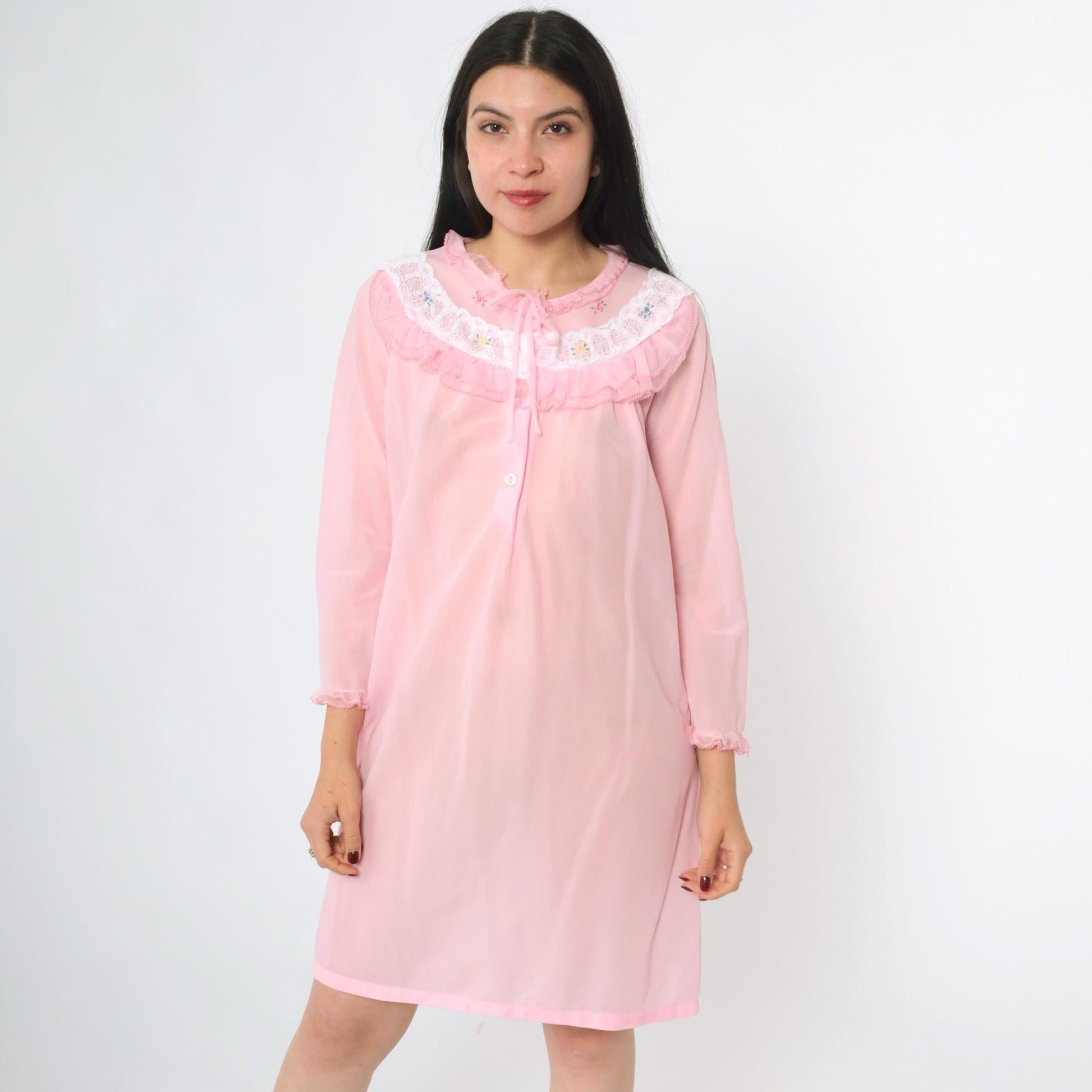 70s Pink Nylon Nightgown Ruffled Lace Collar Floral Embroidery Long Sleeve Small