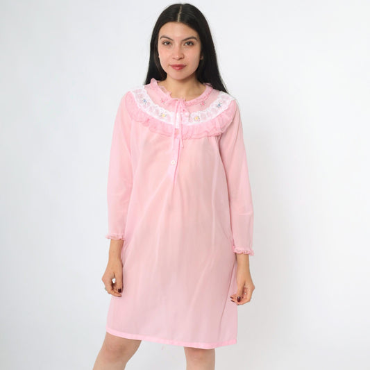 70s Pink Nylon Nightgown Ruffled Lace Collar Floral Embroidery Long Sleeve Small