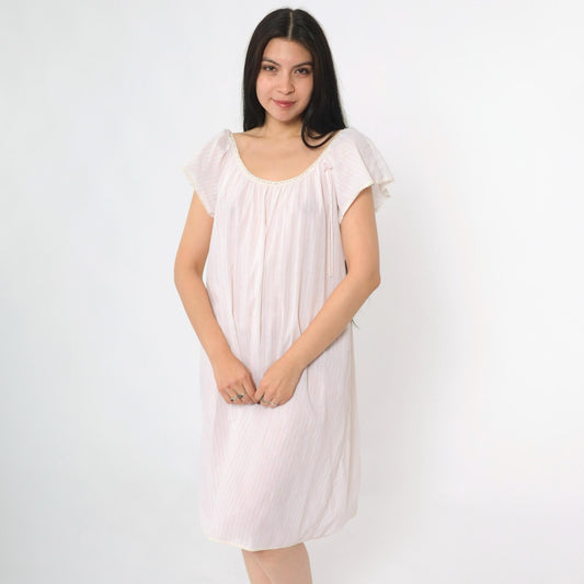 80s Miss Elaine Pink Striped Midi Nightgown Lace Scoop Neck Medium